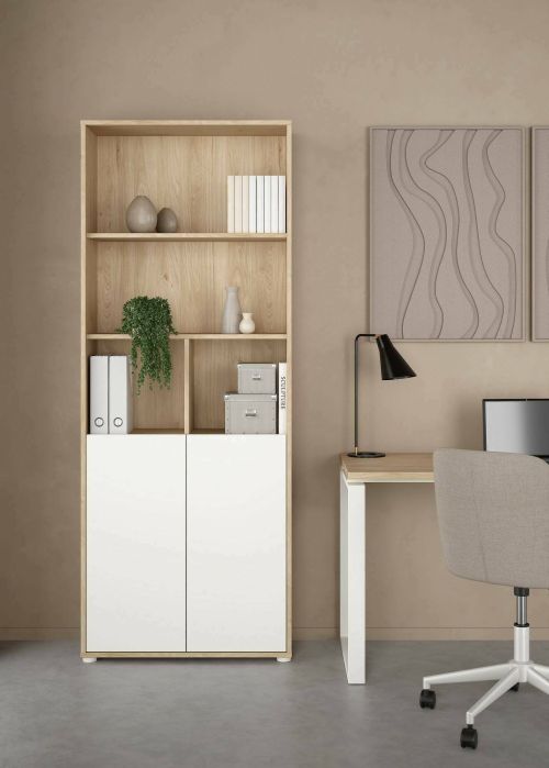 Libreria Rosalie, Scaffale da ufficio, Mobile portalibri, Biblioteca, 34x80 h205 cm, Rovere e Bianco