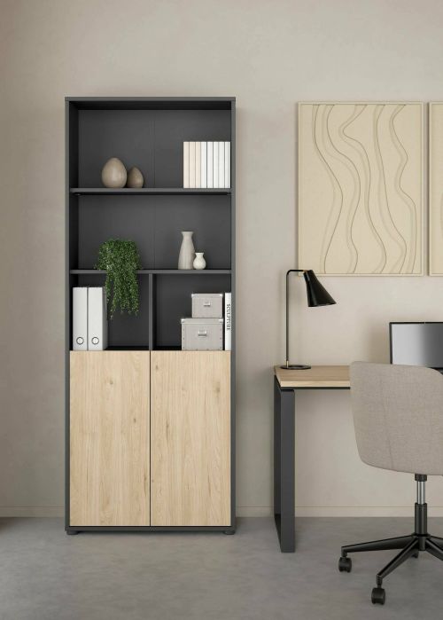 Libreria Rosalie, Scaffale da ufficio, Mobile portalibri, Biblioteca, 34x80 h205 cm, Rovere e Grigio