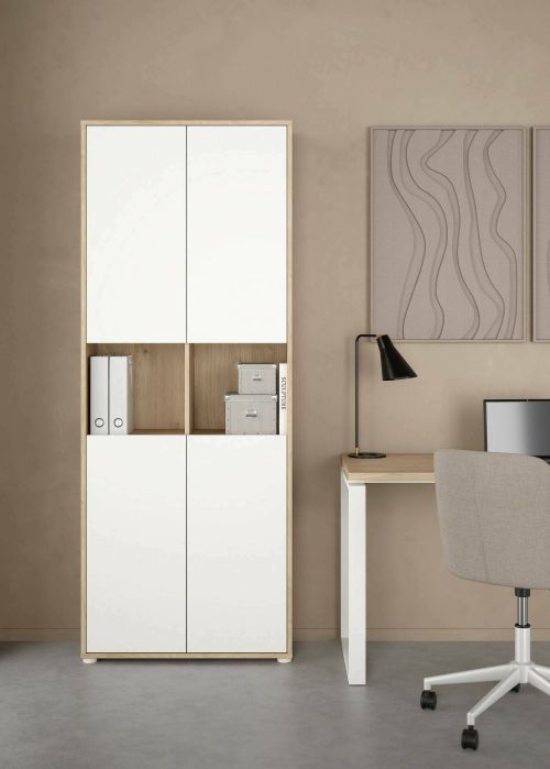 Libreria Roseline, Scaffale da ufficio, Mobile portalibri, Biblioteca, 34x80 h205 cm, Rovere e Bianco