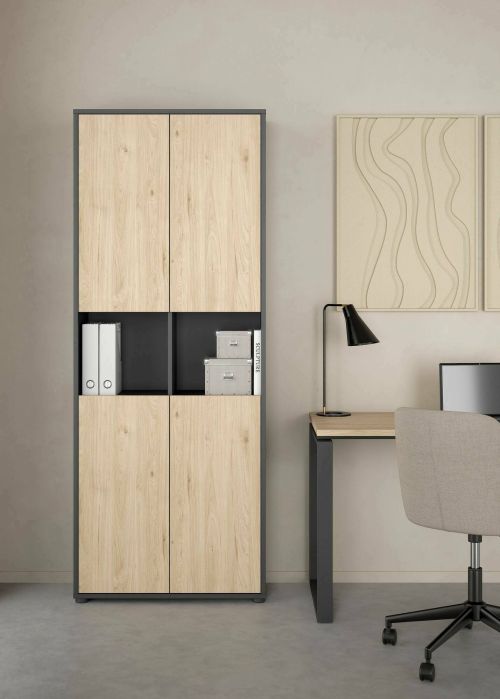 Libreria Roseline, Scaffale da ufficio, Mobile portalibri, Biblioteca, 34x80 h205 cm, Rovere e Grigio