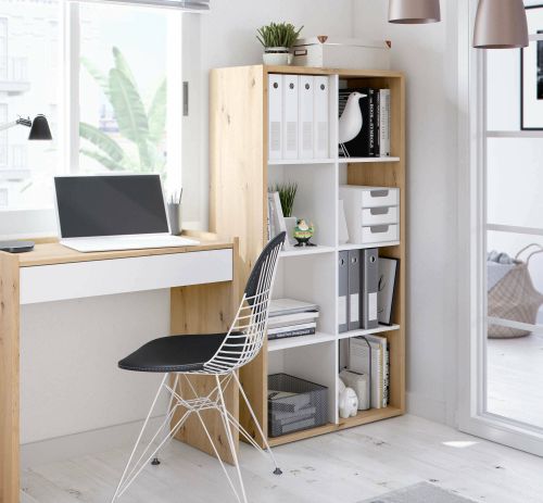 Libreria Sacramento, Mobile portalibri reversibile con 8 scomparti, Mobile Porta tv multiposizione, 72x33h137 cm, Rovere effetto nodi e Bianco