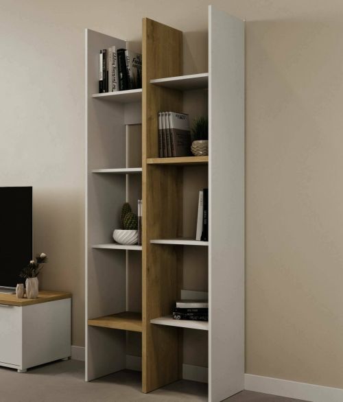 Libreria Saone, Scaffale da ufficio, Mobile portalibri, Biblioteca, 76x33 h183 cm, Rovere e Bianco