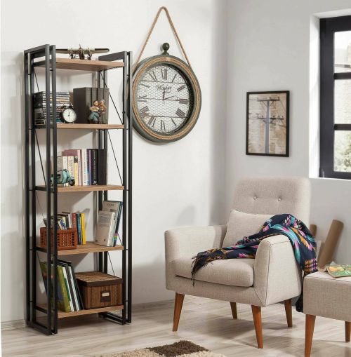 Libreria Sol, Scaffale da ufficio, Mobile portalibri, Biblioteca, Quercia e Nero, 60x35h180 cm