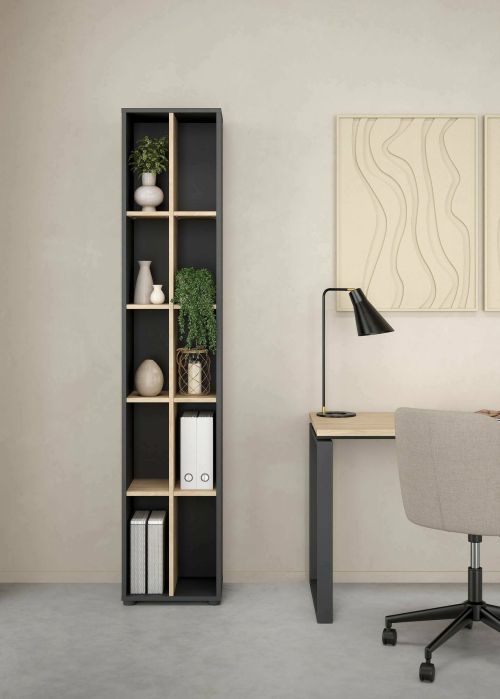 Libreria Sophie, Scaffale da ufficio, Mobile portalibri, Biblioteca, 34x41 h205 cm, Rovere e Grigio