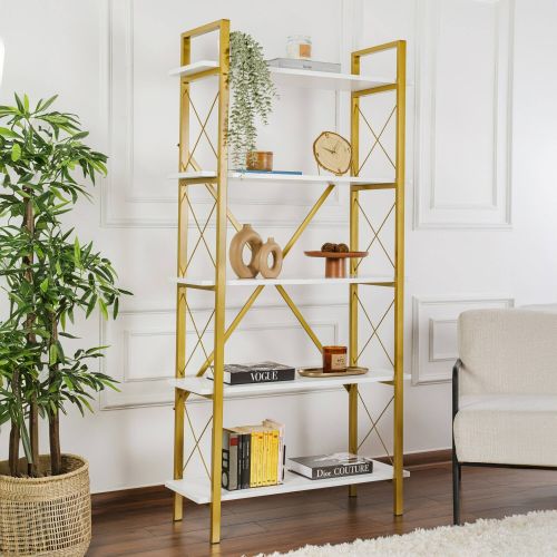 Libreria Suriel, 90x34 h180 cm, Bianco e Oro