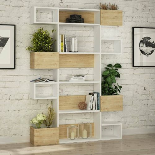 Libreria Thetis, Scaffale da ufficio, Mobile portalibri, Biblioteca, 120x25h171 cm, Bianco e Rovere