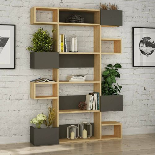 Libreria Thetis, Scaffale da ufficio, Mobile portalibri, Biblioteca, 120x25h171 cm, Quercia e Antracite