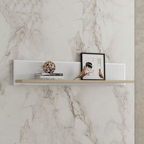 Mensola Bianco Lucido Marrone Rovere un Ripiano Sfumatura Colore Struttura Lucido 128x20x24h cm, Sfumatura Colore Struttura Rovere - Livo