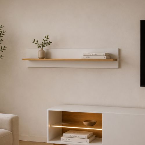 Mensola Bianco Lucido Marrone Rovere un Ripiano Sfumatura Colore Struttura Lucido 138x20x20h cm, Sfumatura Colore Struttura Rovere - Kadalo
