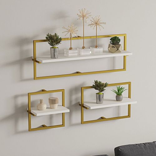 Mensola Bianco oro 3 Ripiani set da 3 80x20x30h cm, Colore Struttura oro - Gerano