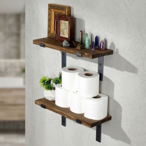 Mensola Marrone Naturale Nero 2 Ripiani in Legno di Abete, Fatto a Mano 40x14x16h cm, Colore Struttura Nero - Trontano