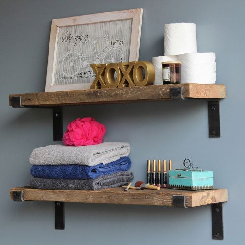 Mensola Marrone Naturale Nero 2 Ripiani in Legno di Abete, Fatto a Mano 60x14x16h cm, Colore Struttura Nero - Canzano