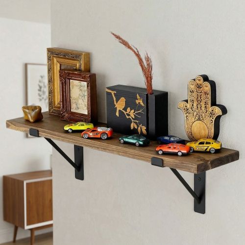 Mensola Marrone Naturale Nero un Ripiano in Legno di Abete, Fatto a Mano 60x14x16h cm, Colore Struttura Nero - Favara