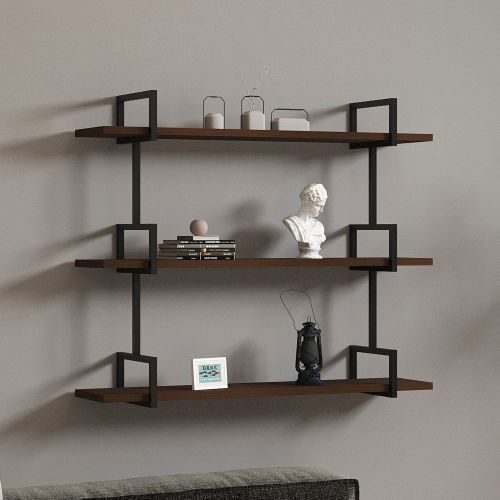 Mensola Marrone Noce Nero 3 Ripiani Colore Struttura Nero 87x23x76h cm, Materiale Struttura in Metallo - Vibrata