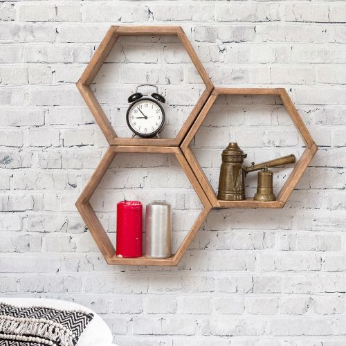 Mensola Marrone Rovere 3 Ripiani Effetto Geometrico 61x9x58h cm, Sfumatura Colore Struttura Rovere - Bulciago