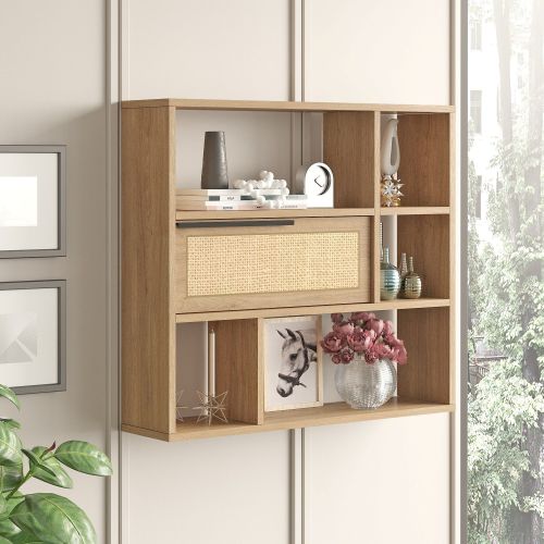 Mensola Marrone Rovere 5 Ripiani Anta Effetto Paglia di Vienna 90x22x81h cm, Sfumatura Colore Struttura Rovere - Coeli