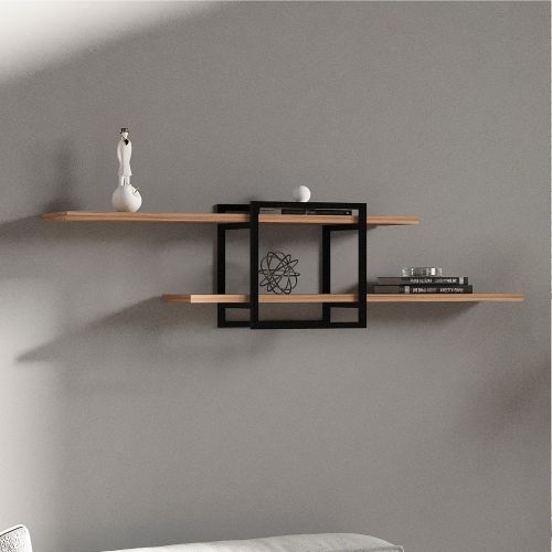 Mensola Marrone Rovere Nero 2 Ripiani Colore Struttura Nero 120x18x30h cm, Sfumatura Colore Struttura Rovere - Tuili