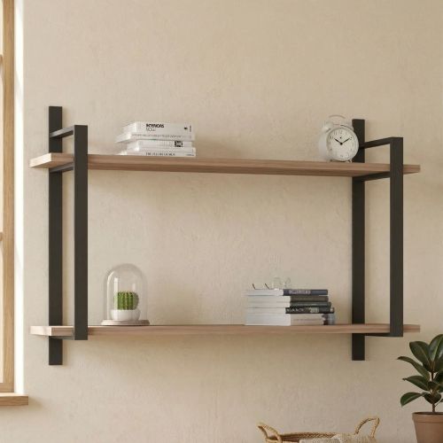 Mensola Marrone Rovere Nero 2 Ripiani Colore Struttura Nero 90x22x60h cm, Sfumatura Colore Struttura Rovere - Pralungo