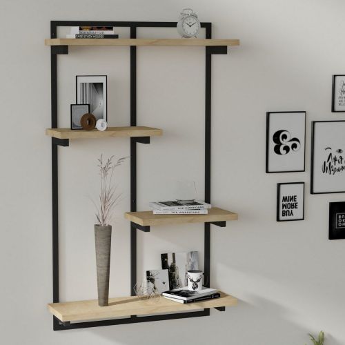 Mensola Marrone Rovere Nero 4 Ripiani Colore Struttura Nero 70x15x120h cm, Materiale Struttura in Metallo - Oderzo