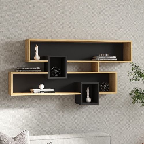 Mensola Marrone Rovere Nero Antracite 4 Ripiani Colore Struttura Nero 120x22x72h cm, Sfumatura Colore Struttura Rovere - Zerfaliu