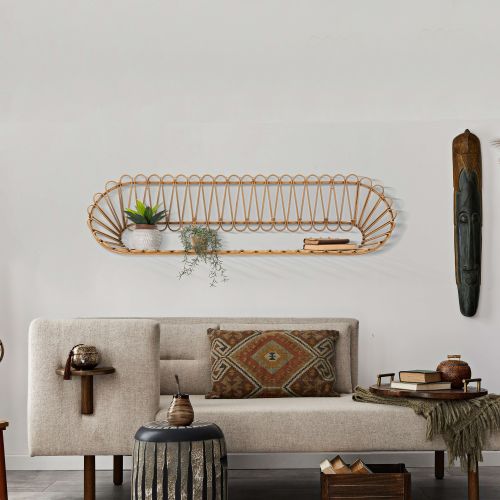 Mensola Marrone Rovere un Ripiano Finiture in Rattan Intrecciato 162x28x44h cm, Sfumatura Colore Struttura Rovere - Dalofamo