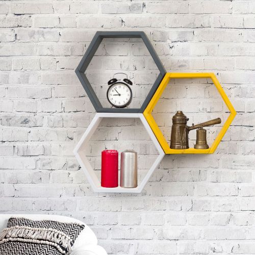 Mensola Nero Antracite Giallo 3 Ripiani Effetto Geometrico 58x9x38h cm, Colore Struttura Giallo - Bulciago