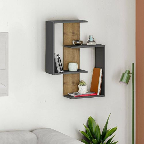 Mensola Seren, Scaffale, Ripiano a muro, Scaffalatura multiuso, 64x22h85 cm, Antracite e Rovere