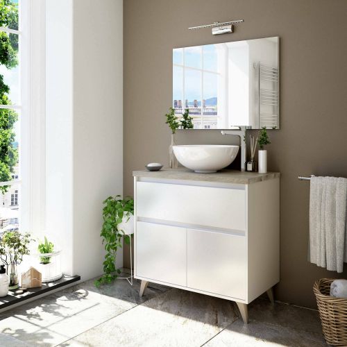 Mobile bagno moderno 1 cassetto 78x80x46h cm bianco lucido e rovere - Furie