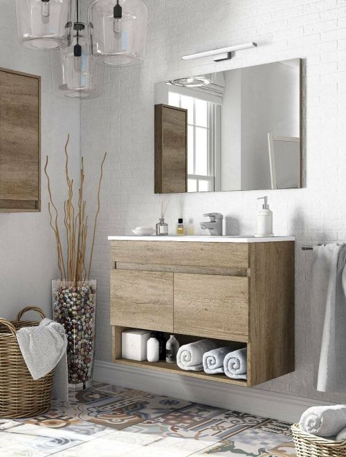 Mobile bagno sospeso con specchio 80x64x45h cm quercia - Enio