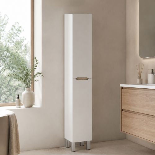 Mobile Colonna Bianco Lucido Marrone Rovere 3 Ripiani 2 Ante 30x25x182h cm, Reversibile - Trogir