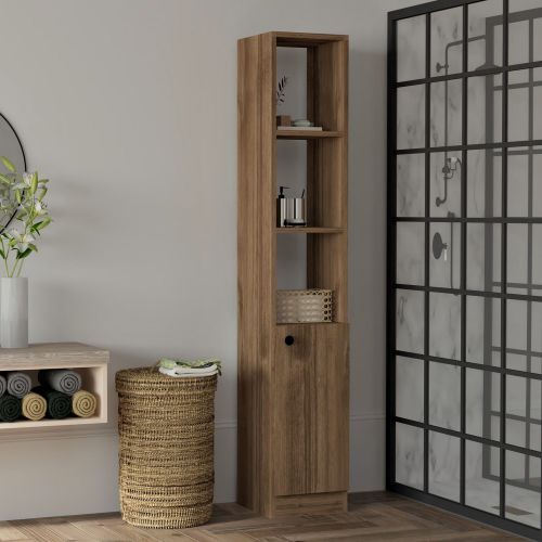 Mobile Colonna Marrone Noce 3 Ripiani Un'anta 30x30x170h cm, 5 Vani - Trivero