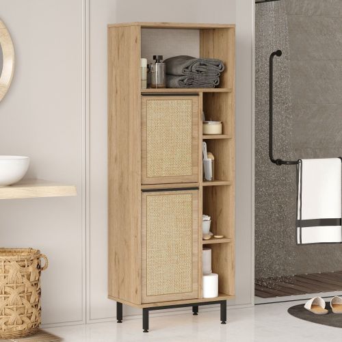 Mobile Colonna Marrone Rovere 7 Ripiani 2 Ante 60x36x162h cm, Ante Effetto Paglia di Vienna - Civate