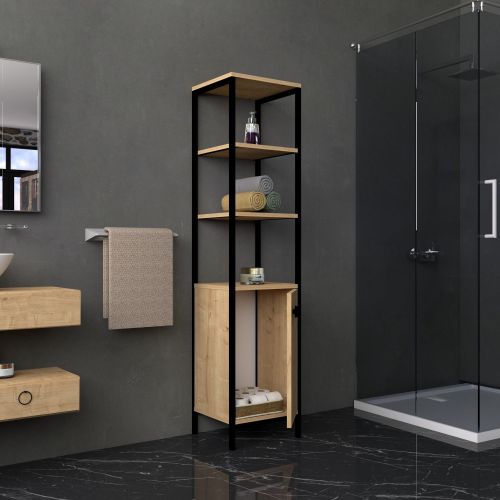 Mobile Colonna Marrone Rovere Nero Antracite 3 Ripiani Un'anta 162x34x38h cm, 4 Vani - Sabaudia