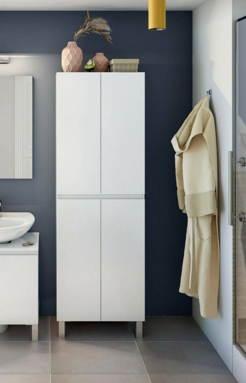 Mobile colonna Sarasota, Pensile bagno o cucina, Armadio alto multifunzione, Mobiletto multiuso, 60x35 h182 cm, Bianco lucido