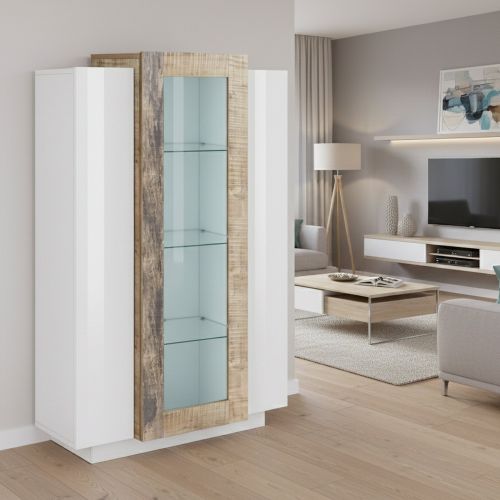 Mobile con vetrina 3 ante salotto 80x38x121h cm bianco lucido e acero - Ablaze