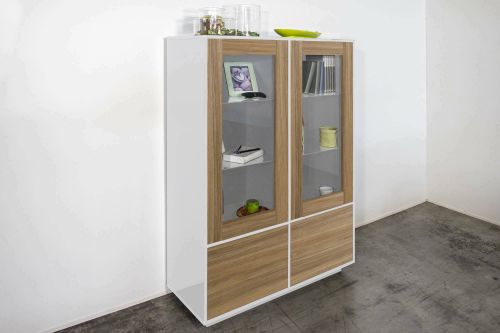 Mobile con vetrina 4 ante 100x41x146h cm bianco lucido e noce - Agostino