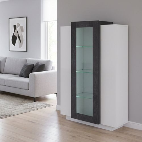 Mobile con vetrina da soggiorno 3 ante 80x38x121h cm bianco lucido e ardesia - Ablaze