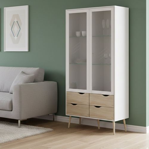 Mobile con vetrina scandi 2 ante 98x39x200h cm bianco e quercia - Amedeo
