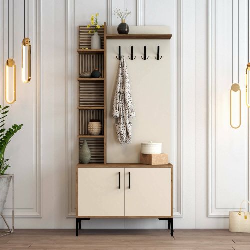 Mobile da ingresso Armus, Entratina appendiabiti, Composizione per atrio, Consolle portaoggetti multifunzione, 90x35 h200 cm, Noce e Crema