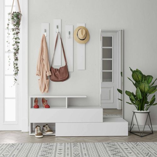 Mobile da ingresso Atik, Entratina appendiabiti, Composizione per atrio, Consolle portaoggetti multifunzione, 137x35 h55 cm, Bianco