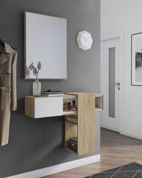 Mobile da ingresso Baffin, Entratina appendiabiti, Composizione per atrio, Consolle portaoggetti multifunzione, 100x31h75 cm, Rovere e Bianco