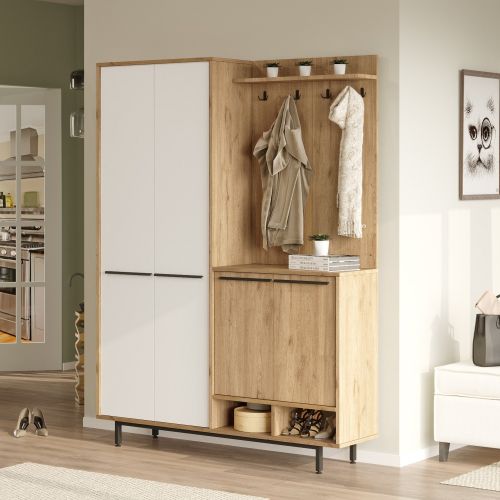 Mobile da Ingresso Beige Marrone Rovere Appendiabiti 12 Ripiani 147x36x196h cm, Apertura Battente - Tignale