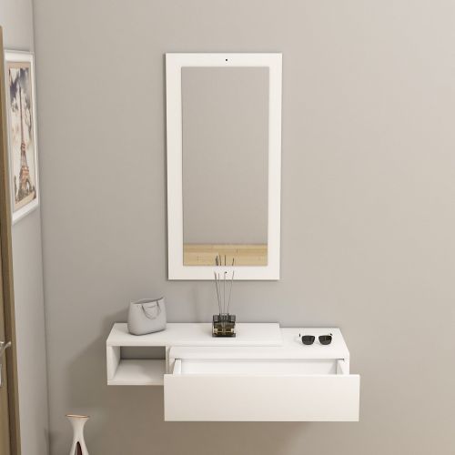 Mobile da Ingresso Bianco Beige Specchio Incluso un Cassetto 82x30x16h cm, un Ripiano - Ingria