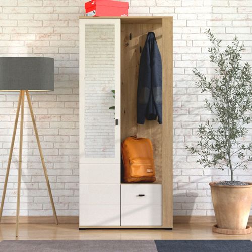 Mobile da Ingresso Bianco Crema Marrone Rovere Nodi Specchio Incluso 6 Ripiani 87x36x197h cm, Appendiabiti - Vique