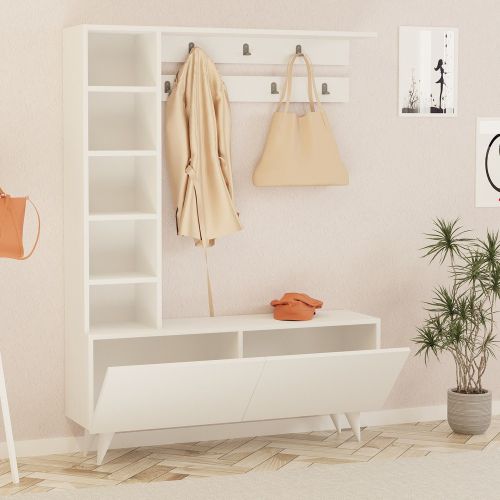 Mobile da Ingresso Bianco Grigio Appendiabiti 6 Ripiani 120x32x162h cm, Apertura a Ribalta - Gordona