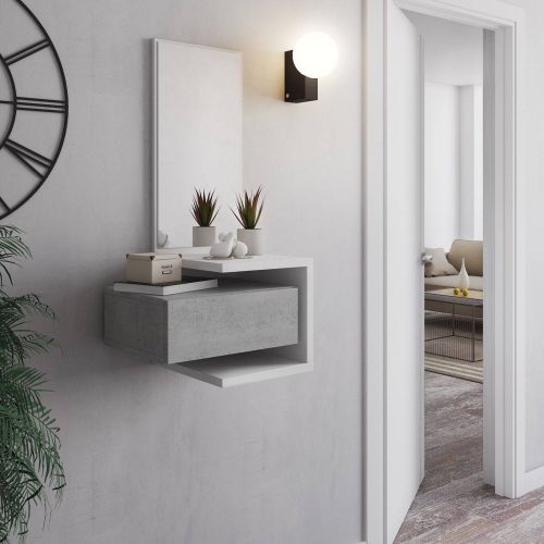 Mobile da Ingresso Bianco Grigio Cemento Specchio Incluso un Cassetto 43x32x90h cm, Installazione Sospesa - Tesero