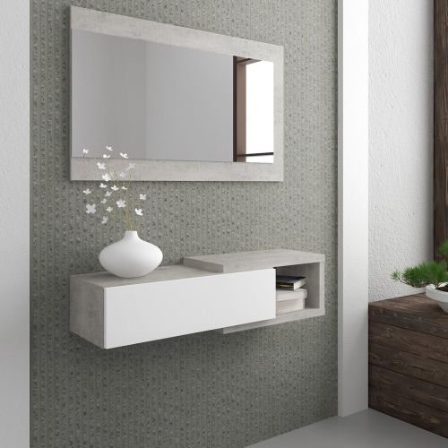 Mobile da Ingresso Bianco Grigio Cemento Specchio Incluso un Cassetto 95x28x77h cm, un Vano - Fabbrico