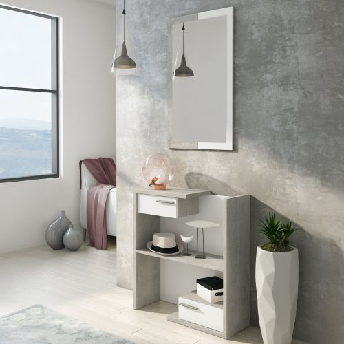Mobile da Ingresso Bianco Grigio Cemento Specchio Incluso un Ripiano 83x29x190h cm, 2 Cassetti - Legionari