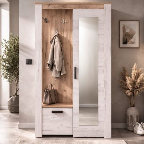 Mobile da Ingresso Bianco Larice Marrone Rovere Specchio Incluso 5 Ripiani 114x36.5x195h cm, Appendiabiti - Valva