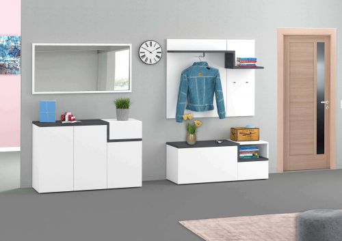 Mobile da Ingresso Bianco Lucido Grigio Ardesia 3 Ripiani Appendiabiti 120x40x154h cm, 2 Ante Made in Italy - Graziella